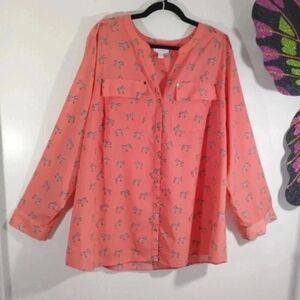 Charter Club Zebra Blouse Shirt Button Down Melon Convertible Sleeve 3X Camp